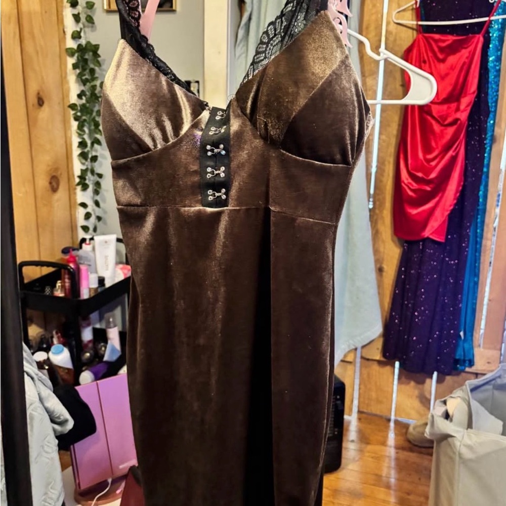 Velvet Brown Lace-Trim Slip Dress